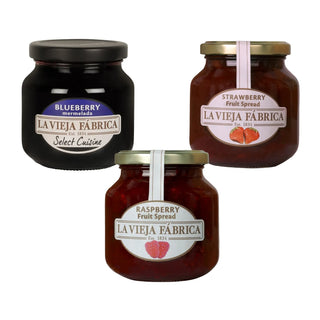 La Vieja Fábrica Jam Combo Pack of 3 – Blueberry (280g) + Strawberry (350g) + Raspberry (350g) | Authentic Spanish Jams | Gluten-Free | Made with 100% Real Fruits | 190-Year-Old Artisanal Recipe