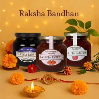 Raksha Bandhan Special Blueberry (280g), Strawberry (350g), Raspberry (350g) Jam Gift Box with Rakhi