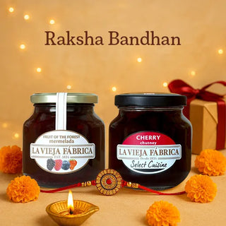 Raksha Bandhan Special Fruit of the Forest (350g) and Cherry (285g) Jam Gift Box with Rakhi