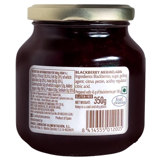 Jar of blackberry marmalade with label on a white background
