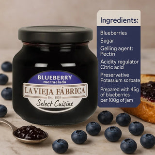 Jar of blueberry marmelade with ingredients list on a neutral background