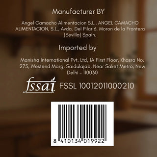 Back of a product label with branding, address, and barcode information.