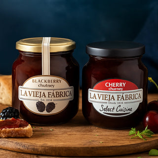 Two jars of La Vieja Fábrica Cherry and Blackberries chutney on a wooden board with fruits and bread.