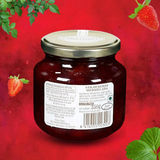 Jar of strawberry marmalade with a red background and strawberry