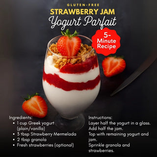 Strawberry Jam Yogurt Parfait with recipe details on a dark background