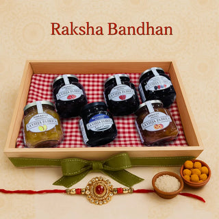 Raksha Bandhan Special Pineapple, Raspberry, Blueberry, Apricot, Strawberry & Fruit of the Forest Gift Hamper with Rakhi