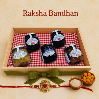 Raksha Bandhan Special Pineapple, Raspberry, Blueberry, Apricot & Strawberry Jams Gift Hamper with Rakhi